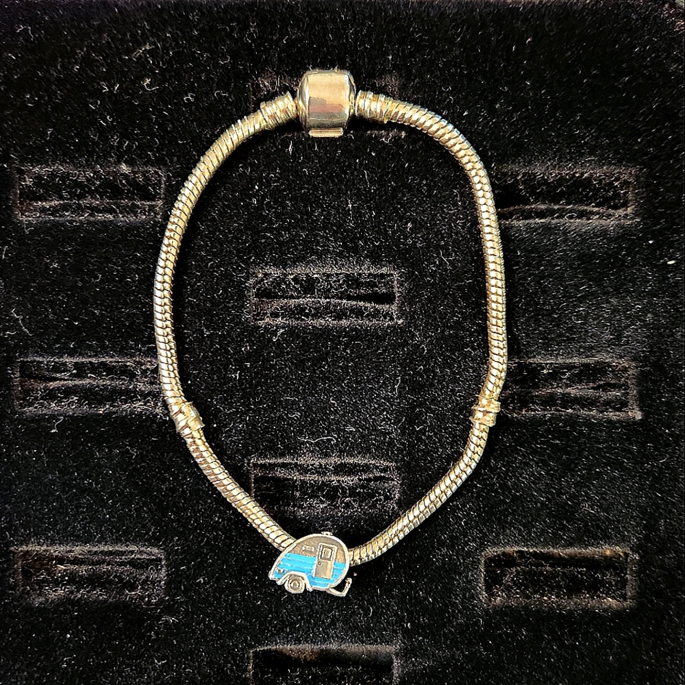 Sterling Silver Charm Bracelet w/Camper Charm, Stamped 925 on bracelet and charm